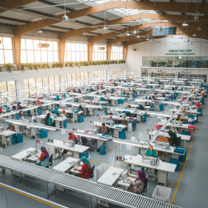 Modern LEED-certified green garment factory in Bangladesh with advanced machinery.